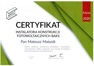 Certyfikat instalatora konstrukcji fotowoltaicznych