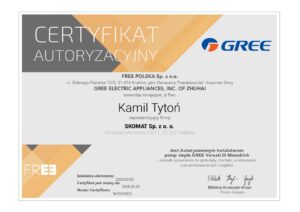 Certyfikat montera pomp ciepła Gree Versati