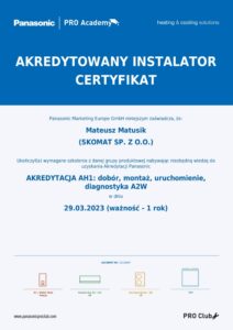 Certyfikat akredytowanego instalatora Panasonic dla Skomat