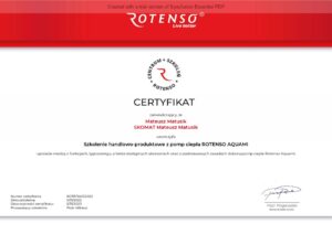 Certyfikat autoryzowanego instalatora Rotenso dla Skomat
