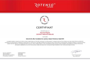Certyfikat autoryzowanego instalatora Rotenso dla Skomat