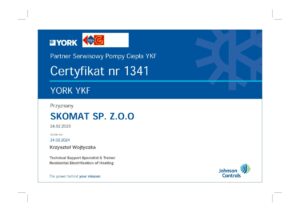 Certyfikat autoryzowanego instalatora York Skomat